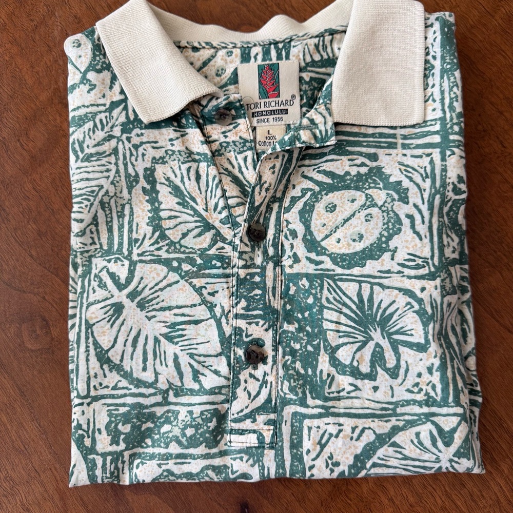 Tori Richard Polo Shirt Mens Large Beige Green Casual Hawaiian Floral Buttonup